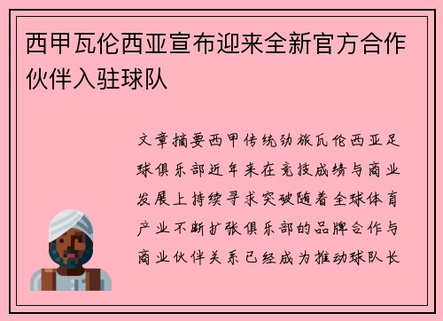 西甲瓦伦西亚宣布迎来全新官方合作伙伴入驻球队